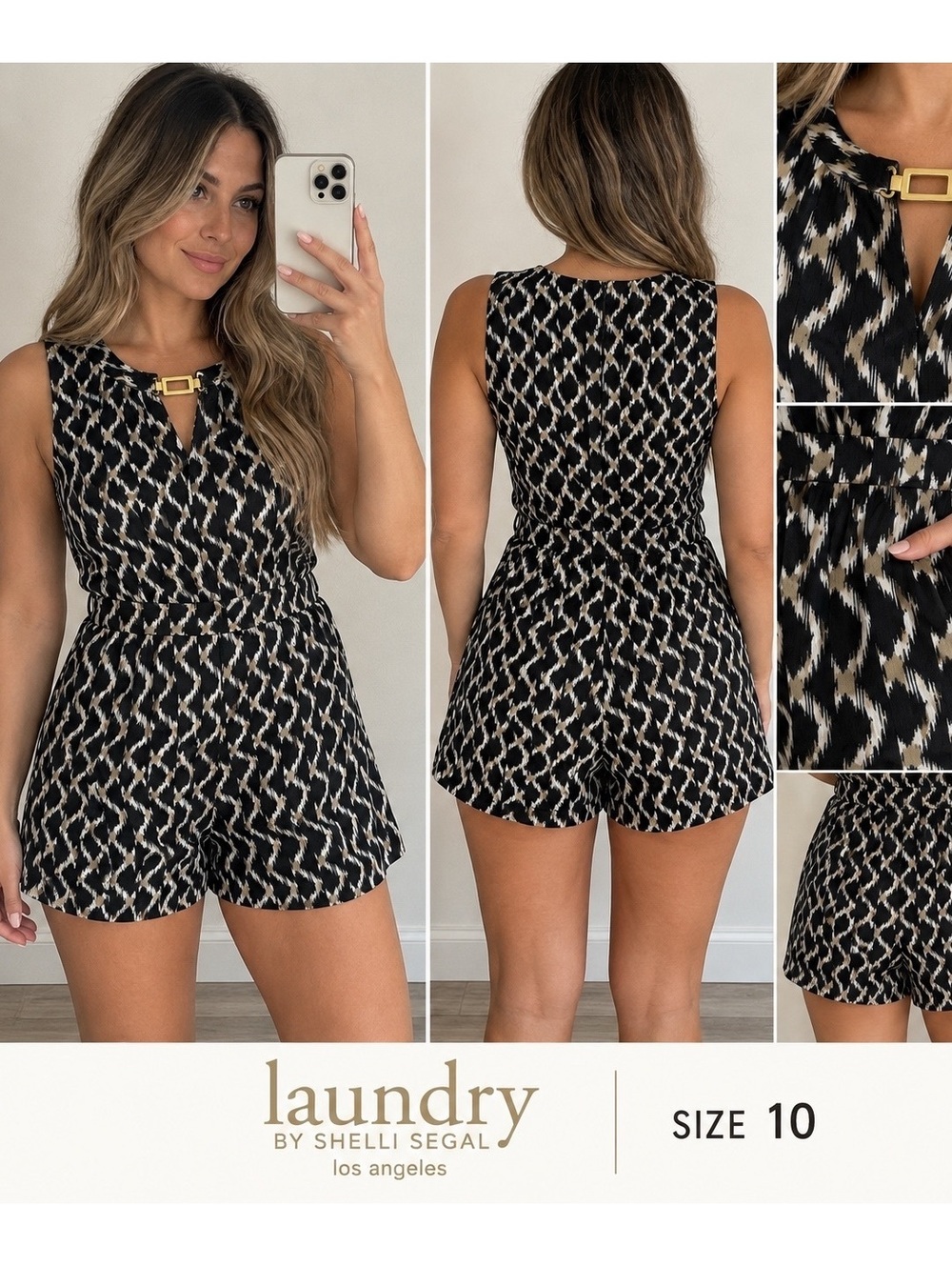 Laundry by Shelli Segal Romper Size 10 Black Cream Ikat Print Gold Hardware